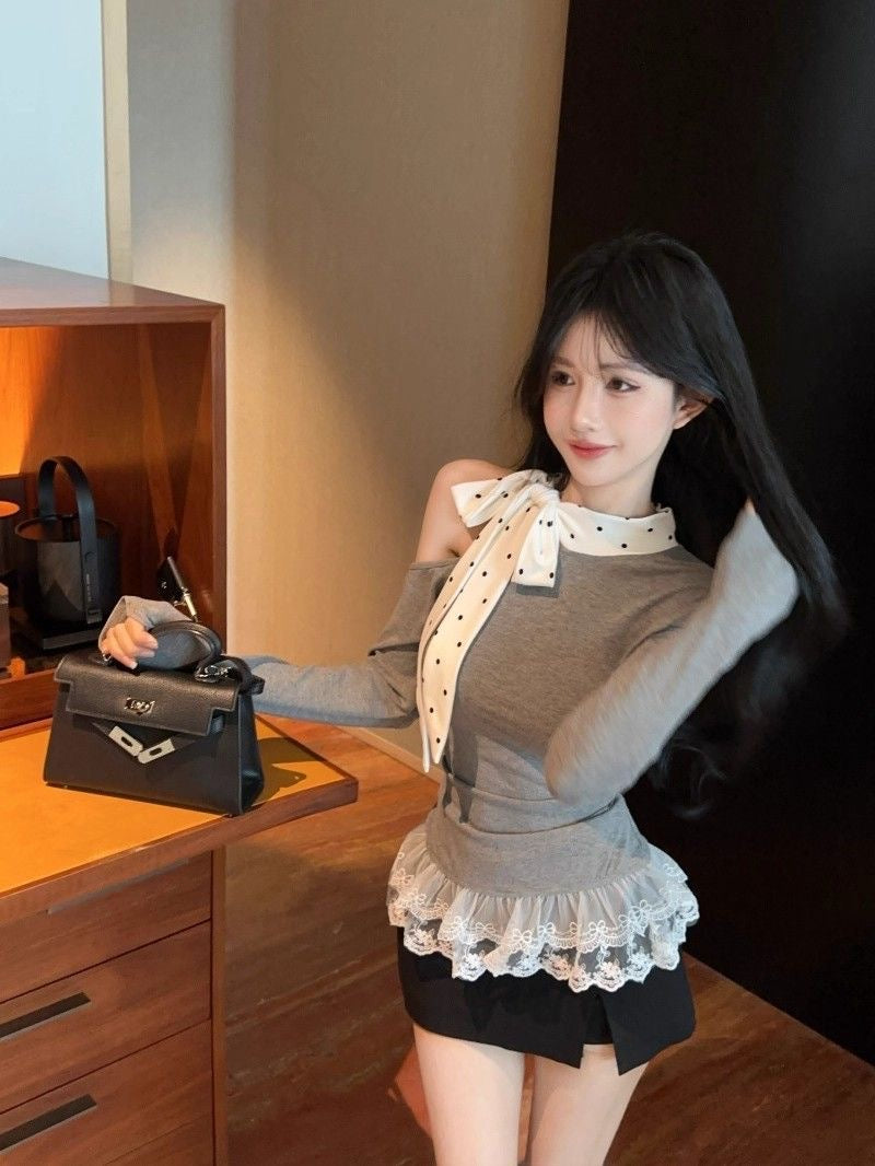 Polka Dots Off Size shoulder Long Sleeve Top