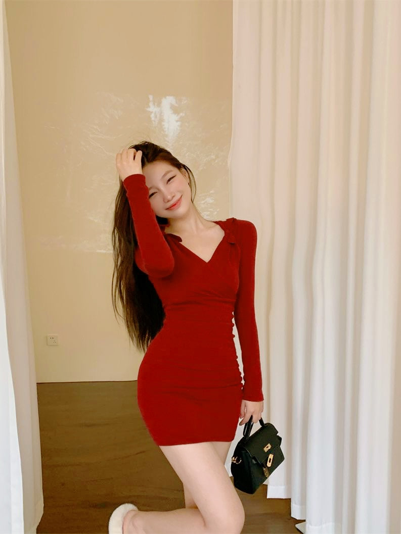 Red V Collar Long Sleeve Mini Dress