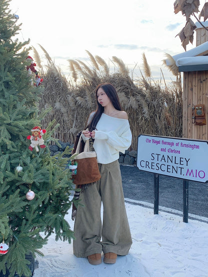 Off Side Shoulder Long Sleeve Knitted Top (Cream)