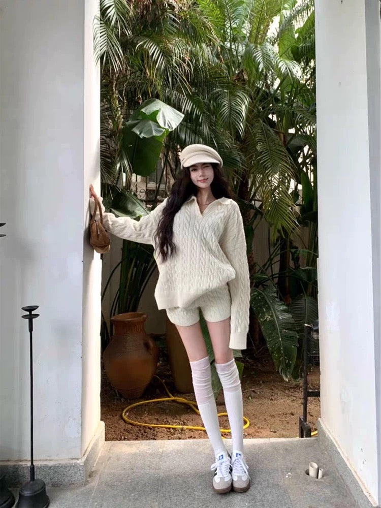 Cream Knitted Top + Shorts Two Piece Set