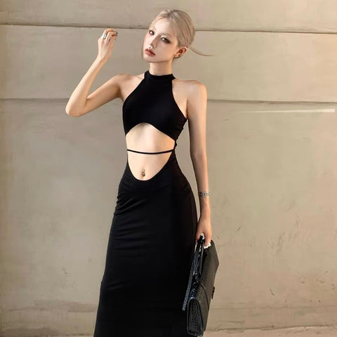 Sexy Waist Cut Black Long Dress