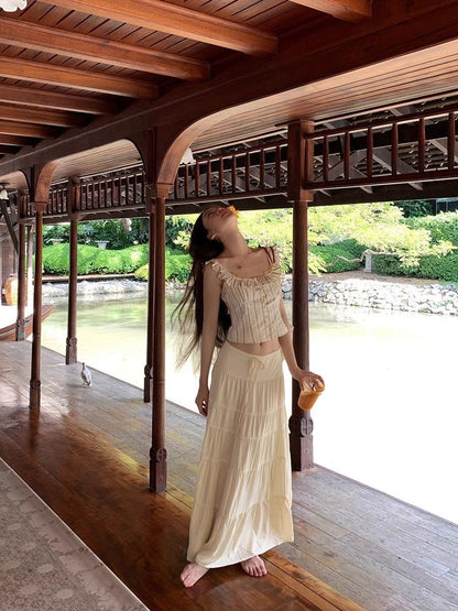 Beige Top + Long Skirt Two Piece Set