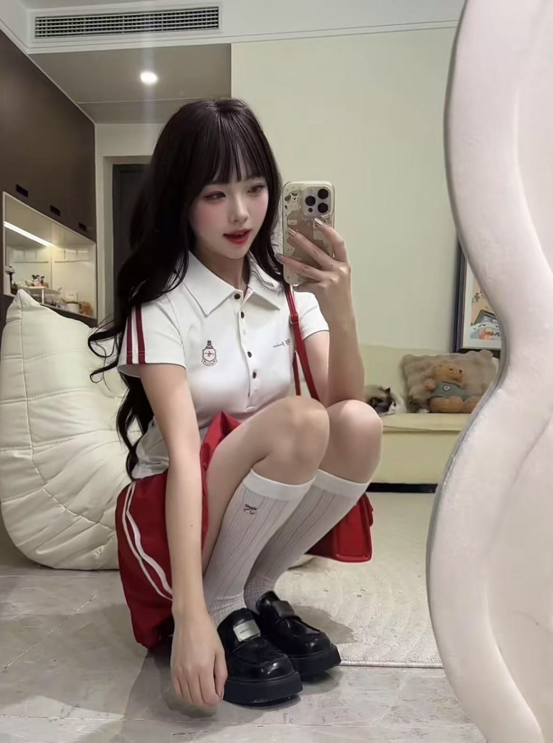 Collar White Top + Wine Red Skirt Two Piece Set