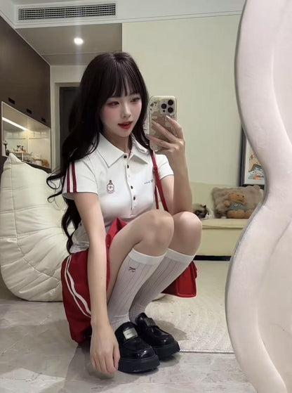 Collar White Top + Wine Red Skirt Two Piece Set