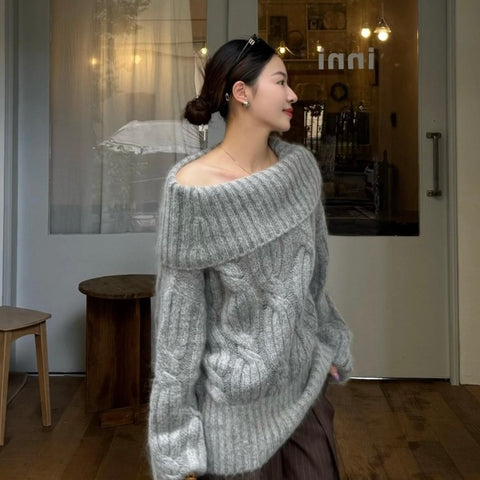 Grey Off Shoulder Knitted Long Sleeve Top