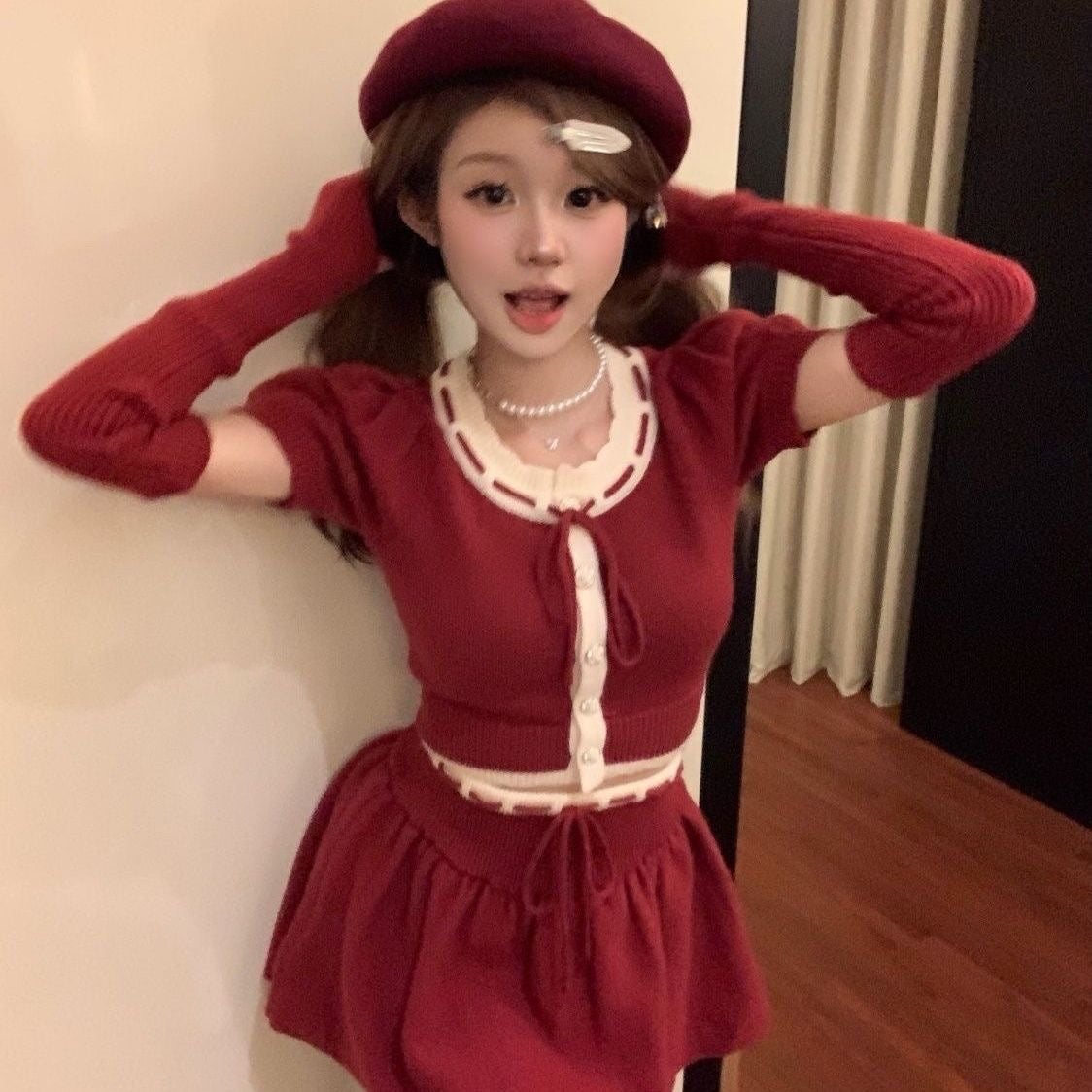 Red Knitted Crop Top + Skirt + Glove Three Piece Set