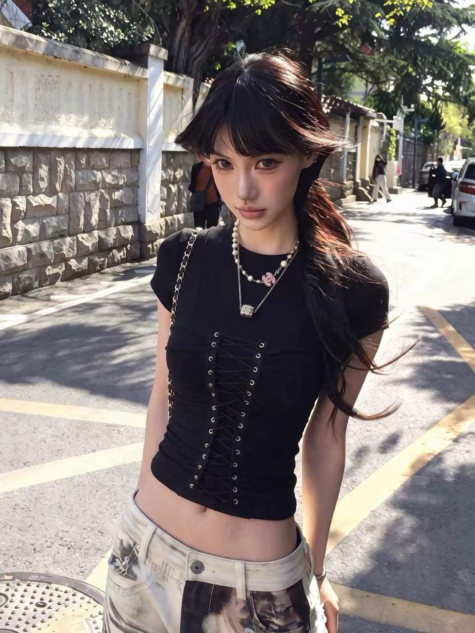 Classic Lace Up Waist Top (White, Grey, Black)