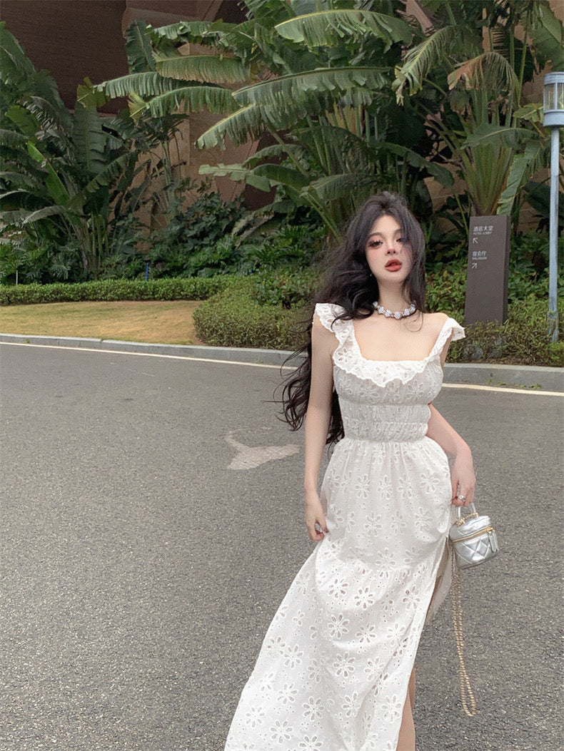 Ruffles Collar White Long Dress  (S, M)