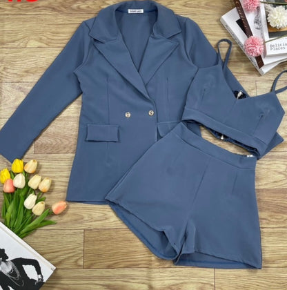 Top + Cardigan + Short Three Piece Set (Blue, Black)