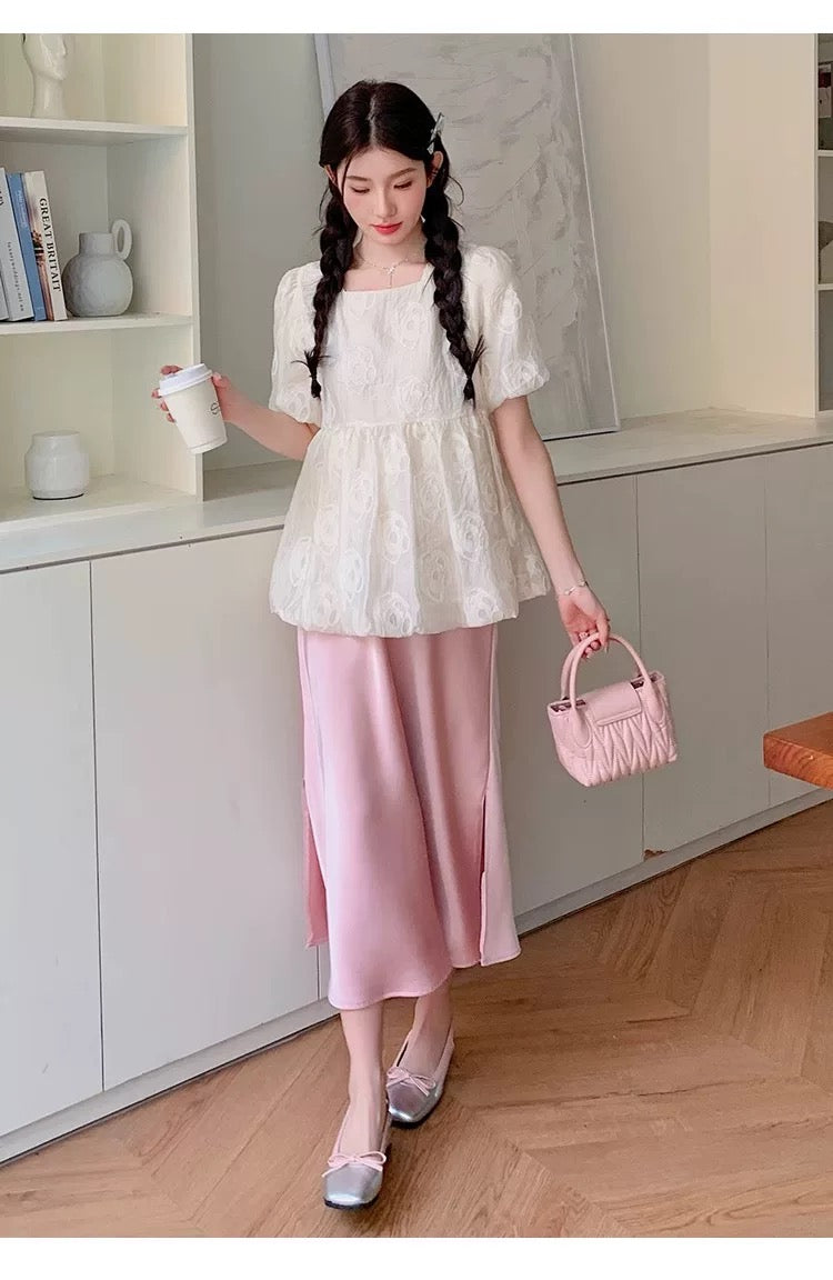 Beige Puff Sleeve + Pink Skirt Mom Two Piece Set