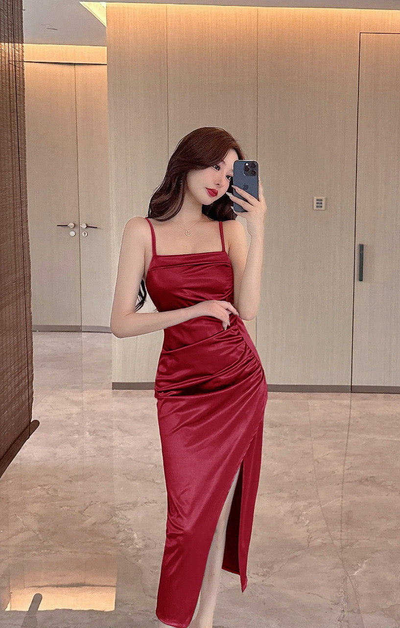 Silky Wine Red Dress(S, M)
