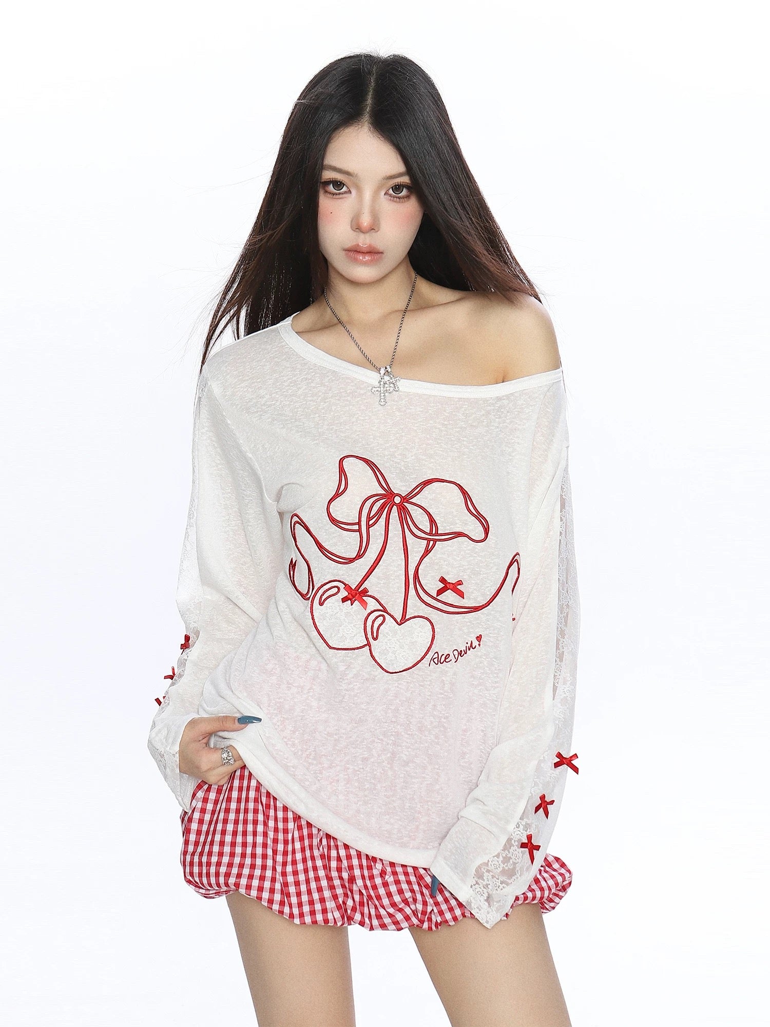 Red Ribbon White Long Sleeve Top