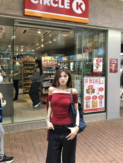 Red Off Side Shoulder Sleeve Top