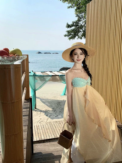 Mint Yellow Tube Chiffon Maxi Long Dress