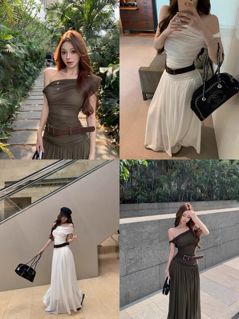 Off Shoulder Mesh Long Dress With Belt