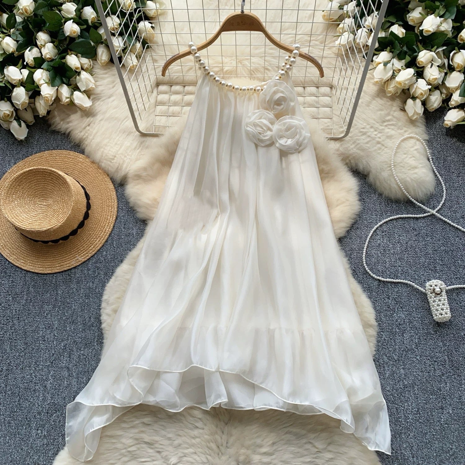 Chiffon 3D Roses Mini Dress