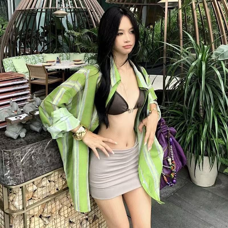 Bikini + Skirt + Green Shirt BK54 Four Piece Set