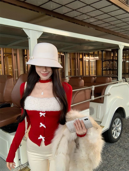 Christmas Collar White Ribbons Long Sleeve Top C004