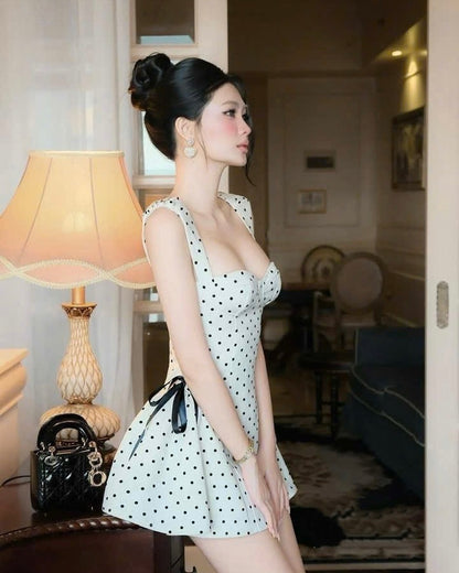 Polka Dot Side Ribbon Mini Dress