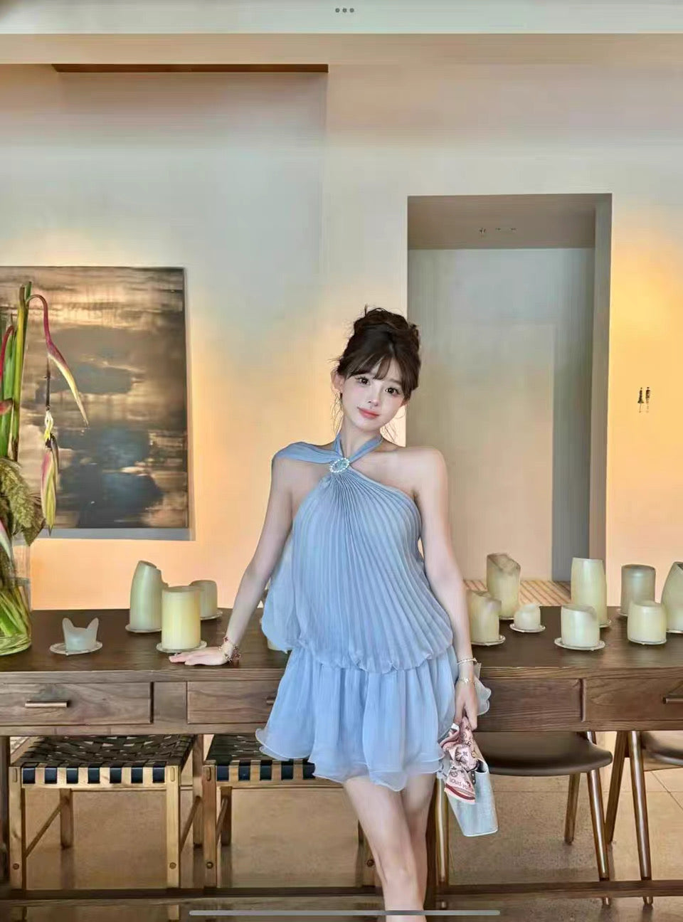 Chiffon Blue Pleated Dress