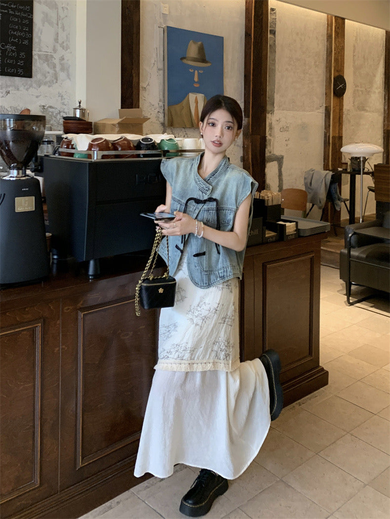 Denim Top + Floral Print Beige Long Dress Set