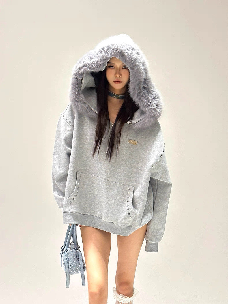 Grey Hoodie Long Sleeve Top