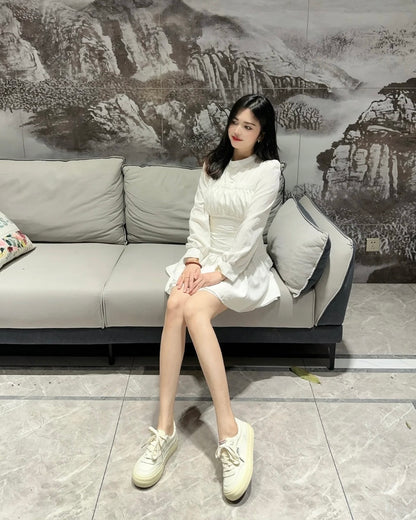 Round Collar Cream Long Sleeve Dress