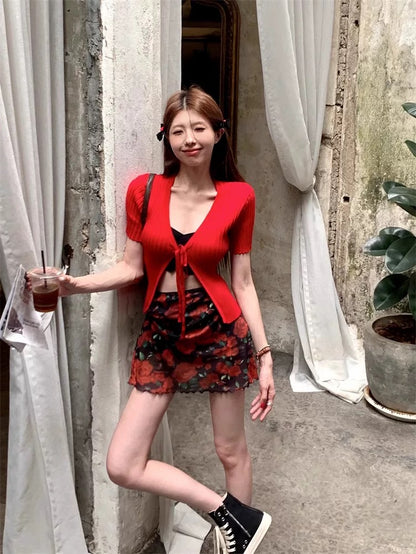 Red Short Sleeve Knitted Cardigan