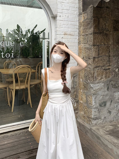Side Tie Sleeveless White Long Dress
