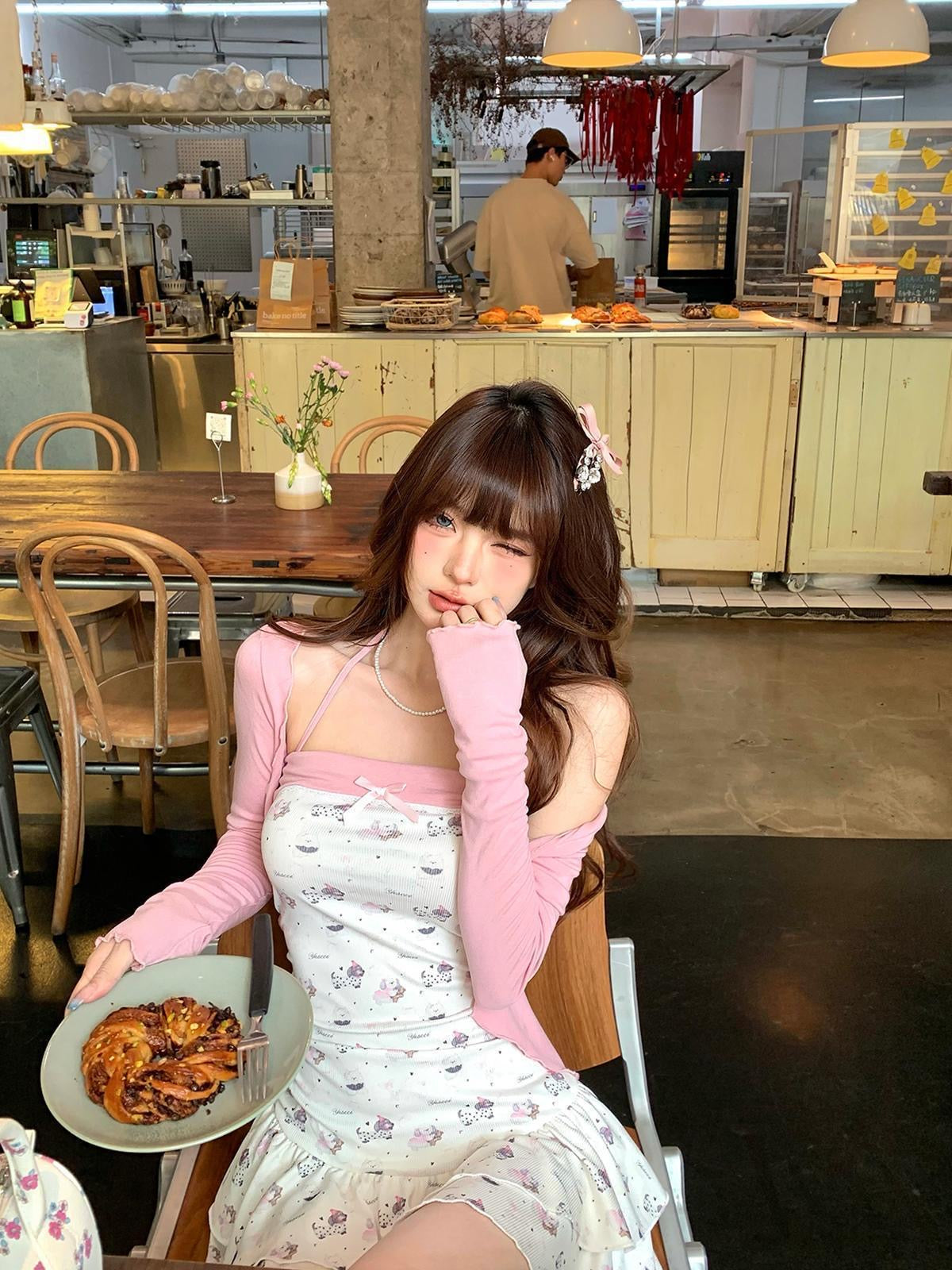 Doggie Tube Dress + Pink Cardigan Set