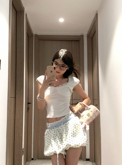 Black Dot White Top + Shorts Two Piece Set