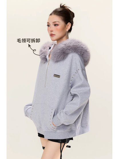 Grey Hoodie Long Sleeve Top