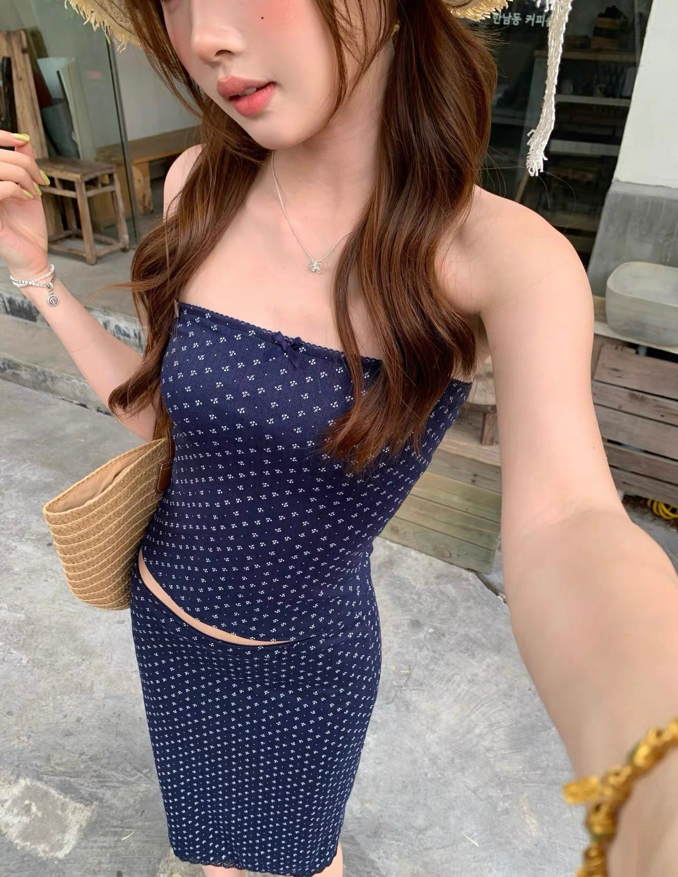 Navy Tube Top + Midi Skirt Two Piece Set