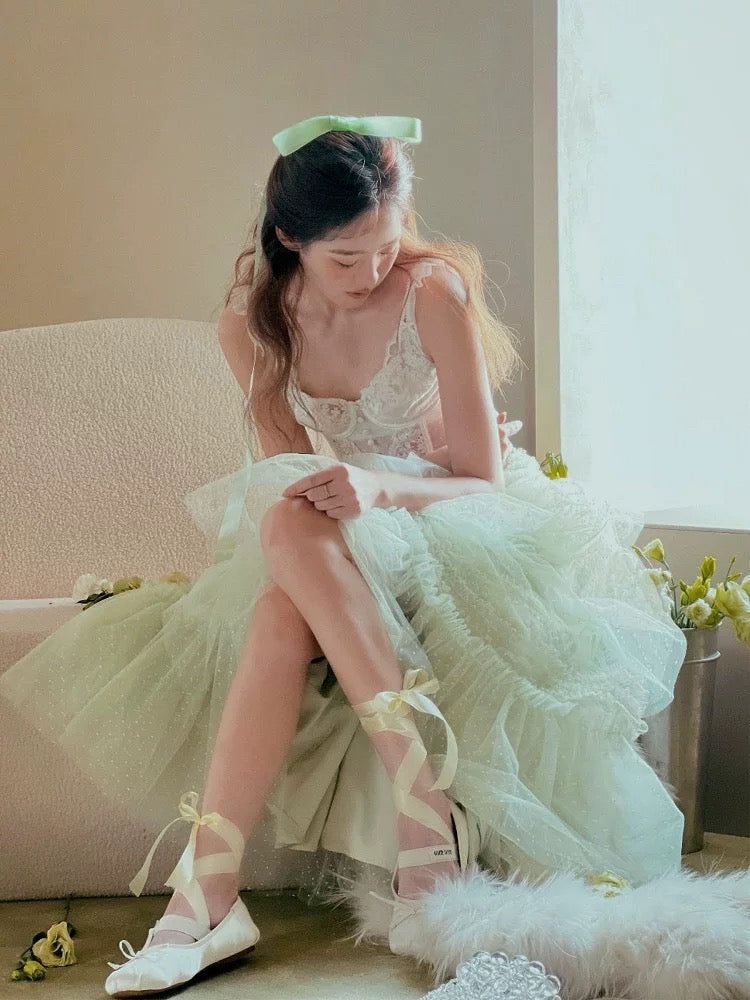 White Bra Top + Green Mesh Skirt Two Piece Set