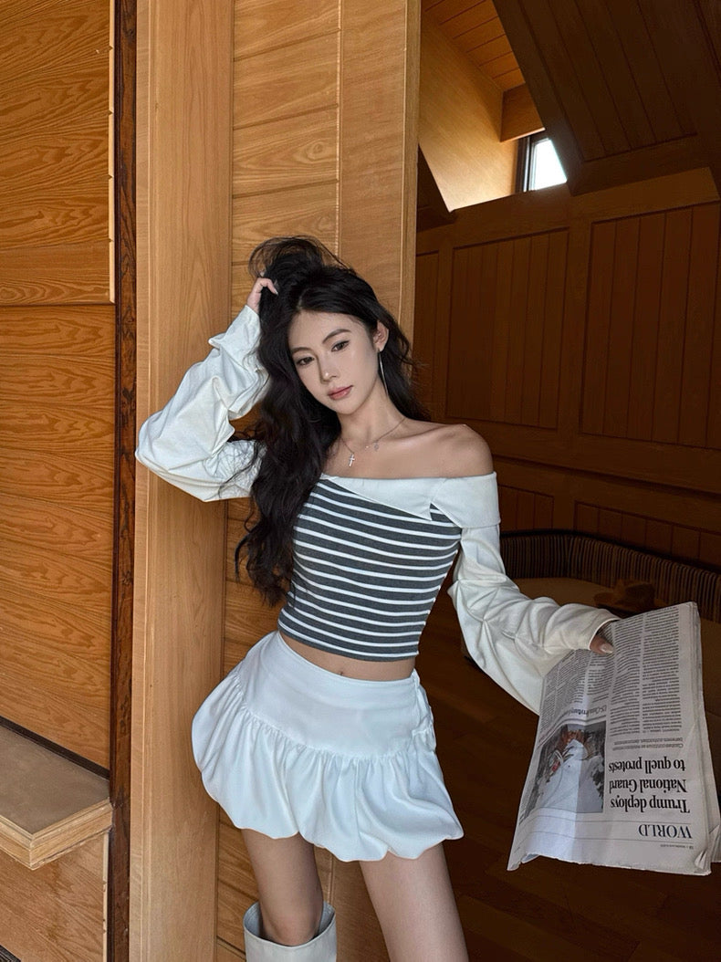 Stripe Long Sleeve Off Shoulder Top