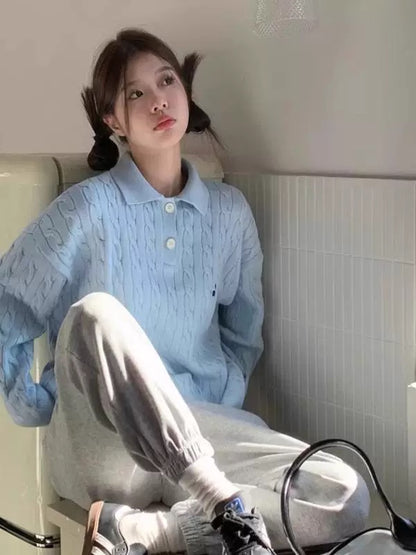 Collar Long Sleeve Cherry Knitted Top (Blue, Pink)