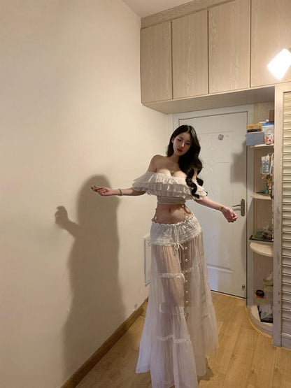 White Cakey Off Shoulder Top + Long Skirt Two Pieces Set