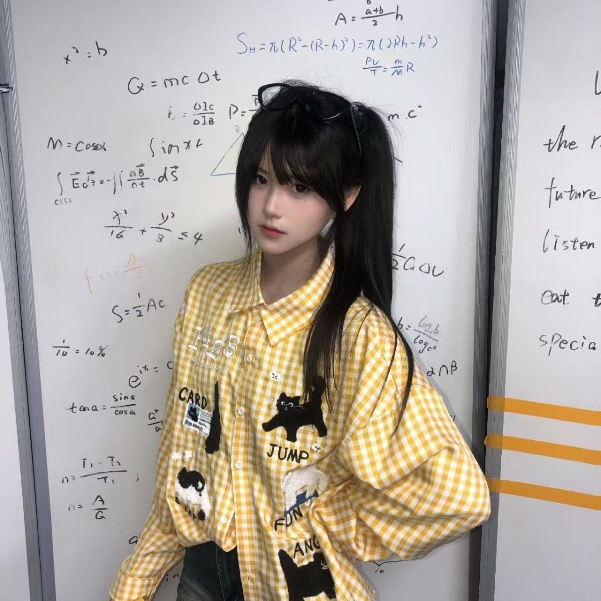 Cute Print Ginham Long Sleeve Shirt (Blue, Yellow)