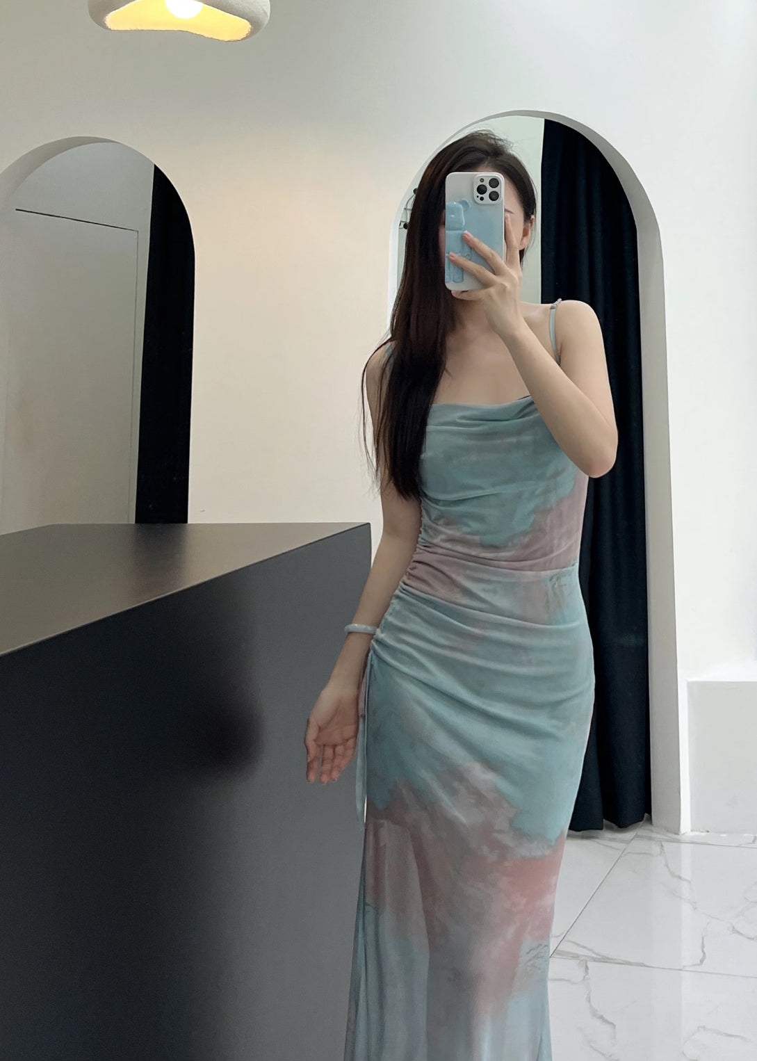 Mesh Side Tie Strap Long Dress (Pink, Blue, Grey)