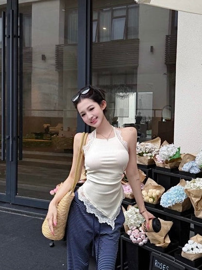 White Mix Laces Knitted Unequal Top (S)