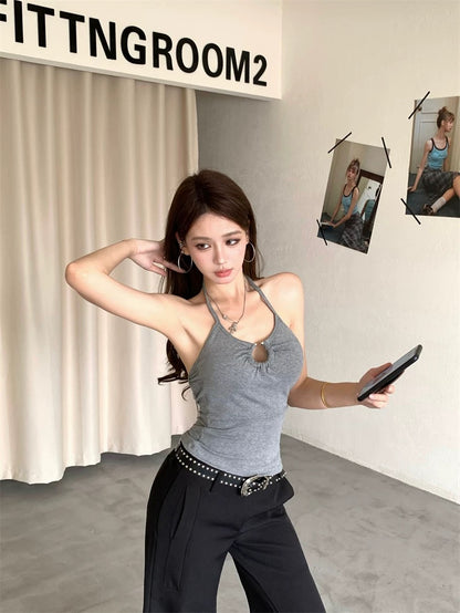 Round Collar Bareback Butterflies Chain Top