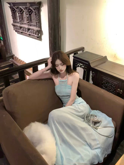 Embroidery Chiffon Two Piece Set (Blue, Beige)