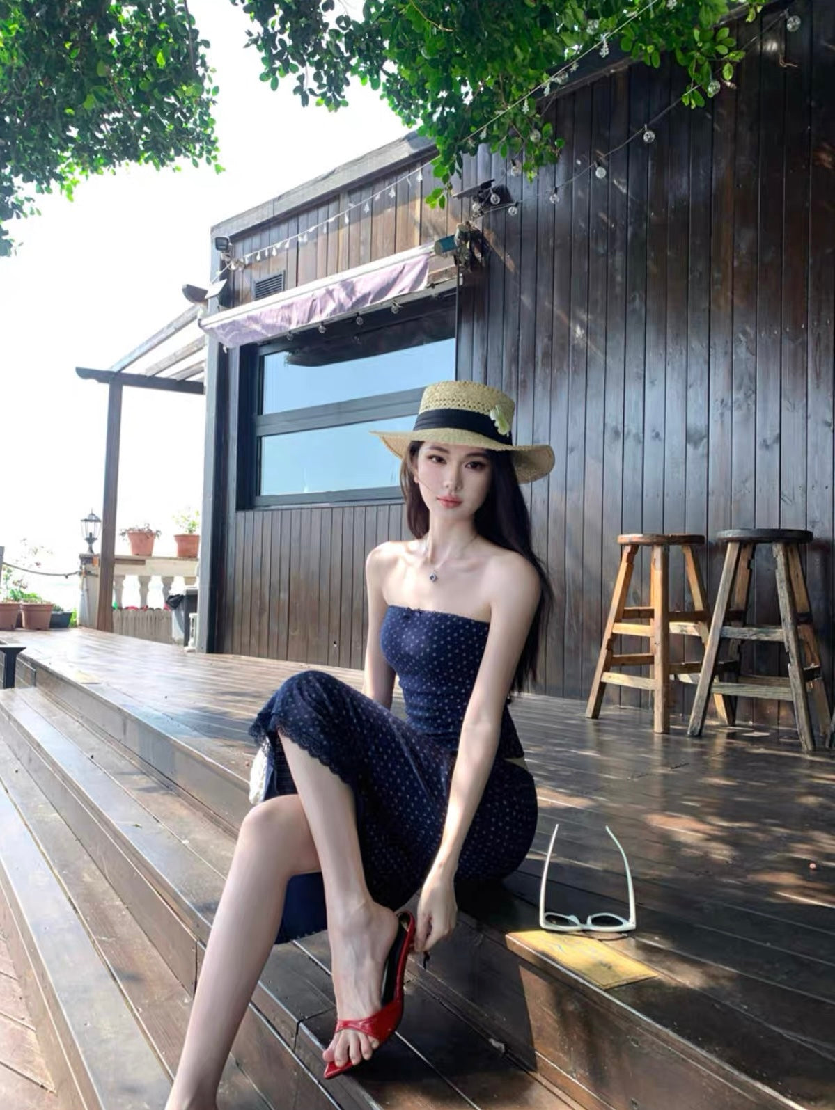 Navy Tube Top + Midi Skirt Two Piece Set