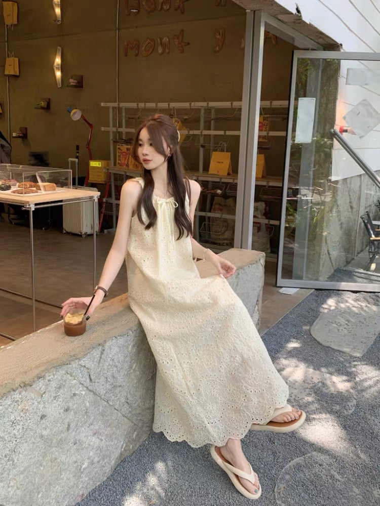 U Collar Embroidery Long Dress (Beige, White)