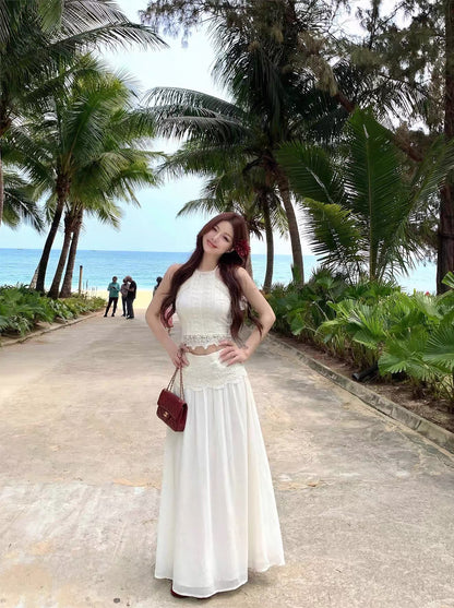 Embroidery Chiffon Two Piece Set (Blue, Beige)