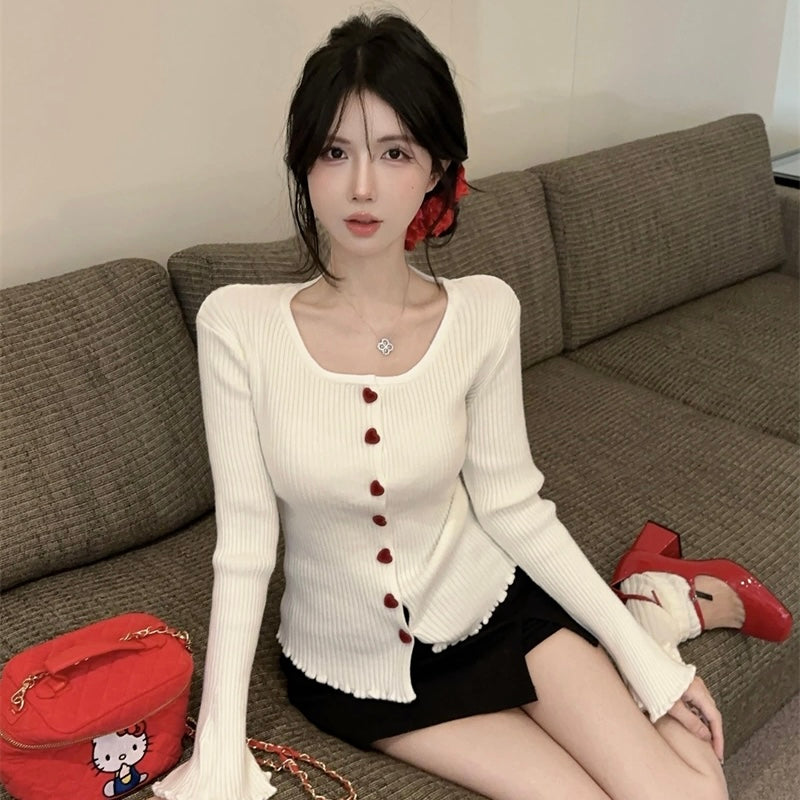 Heart Button Knitted Long Sleeve Cardigan Top