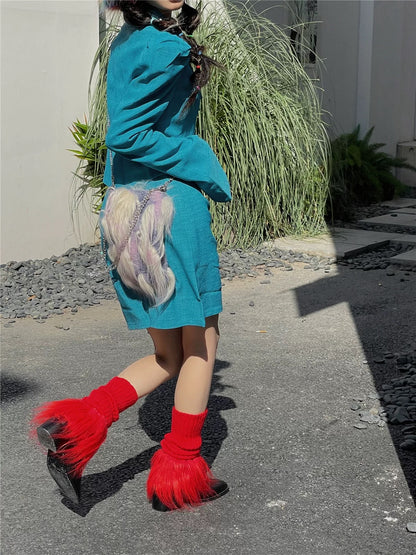 S018 Colour Bottom Furry Midi Socks