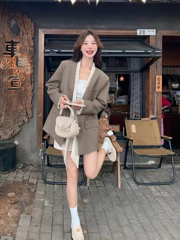 Khaki Ribbon Collar Blazer