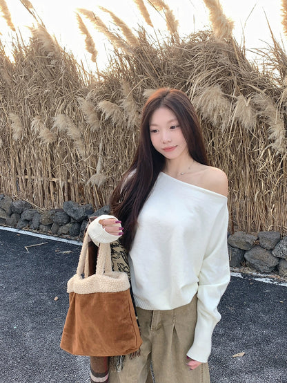 Off Side Shoulder Long Sleeve Knitted Top (Cream)