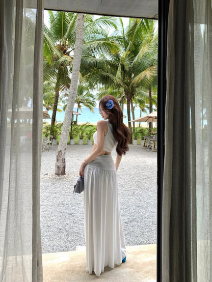 Side Waist Cut Long Dress (White, Red)